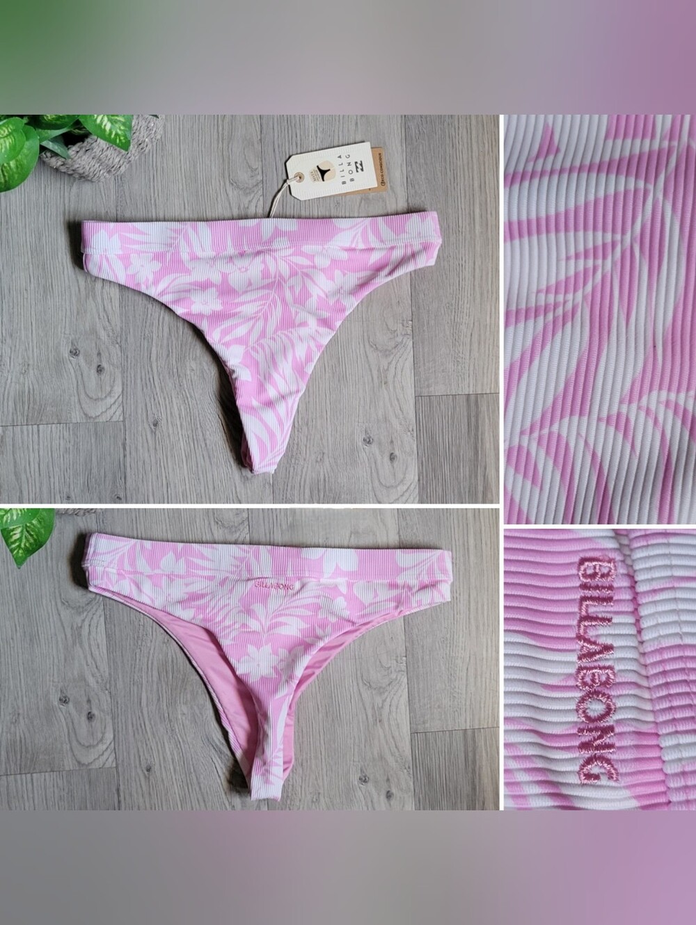 Billabong Sweet Waves High Maya Pink & White Tropical Ribbed Bikini Thong, US M